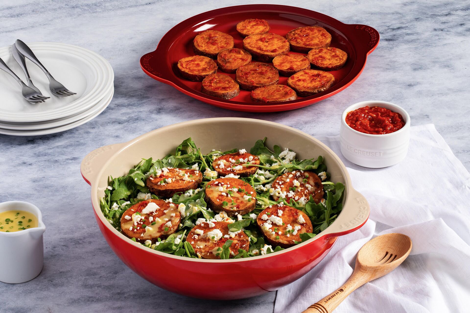 Harissa Roasted Sweet Potato Rounds with Arugula, Honey and Feta